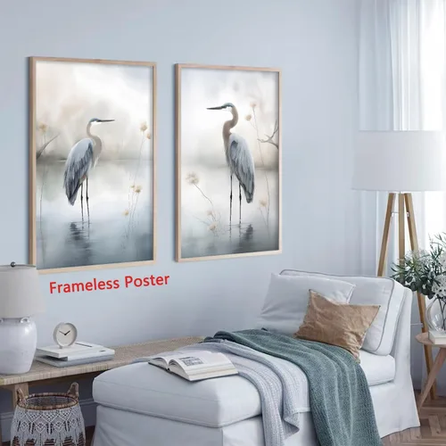 Vista 6 de BACKYMRJCART Arte abstracto de garza blanca para pared, cuadro de grulla, arte de pared para dormitorio, arte en lienzo de gran garza azul, póster