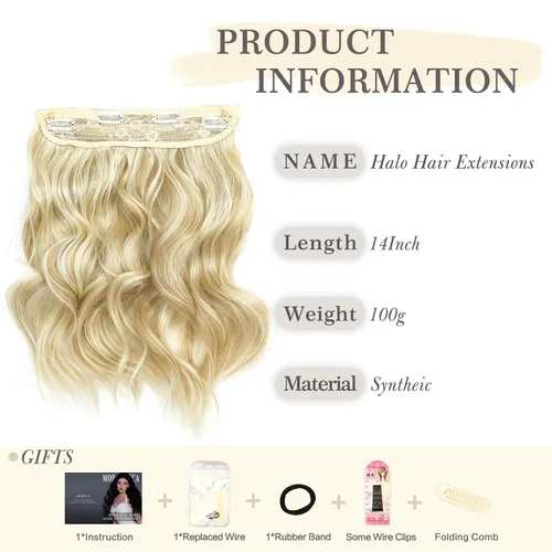 Vista 2 de Extensiones de Cabello con Alambre Invisible - Extensiones de Cabello Halo de 14 Pulgadas Largas Onduladas Postizo Sintético con Alambre