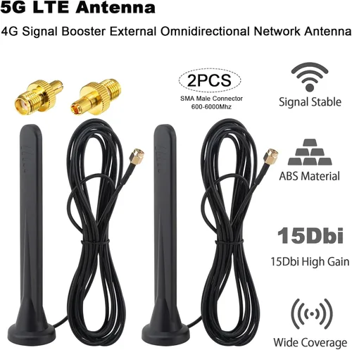 Vista 5 de Antena 5G LTE Amplificador de señal 4G Antena de red omnidireccional externa SMA TS9 Conector 15Dbi Antena base magnética con cable 3M