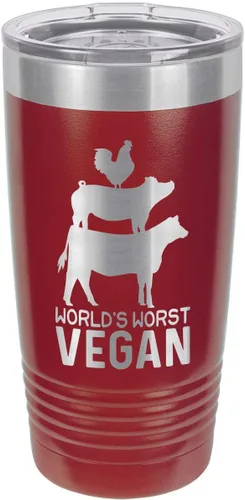 Vista 18 de Taza de viaje con pajita grabada a láser con citas de barbacoa, de la marca World's Worst Vegan, de 20 onzas, para comparar con Yeti Rambler