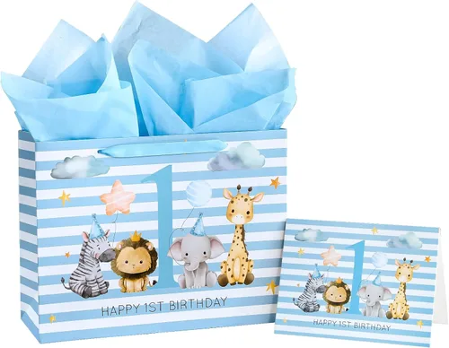 Vista 11 de WRAPAHOLIC Bolsa de regalo grande de 13 pulgadas con tarjeta y papel de seda, adorable bolsa de regalo de elefante para bebé, baby shower, fiesta