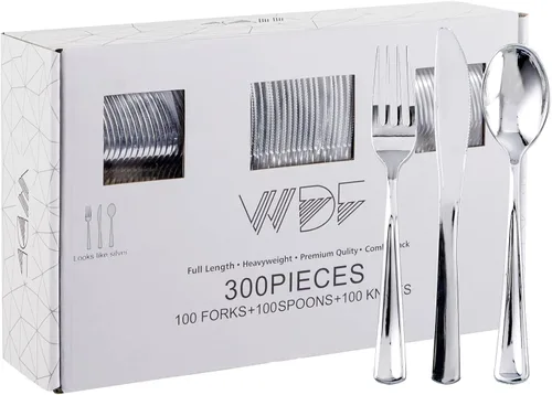 Vista 14 de WDF 300 cubiertos de plástico dorado desechables, cubiertos de plástico resistente, juegos de cubiertos dorados que incluyen 100 tenedores, 100