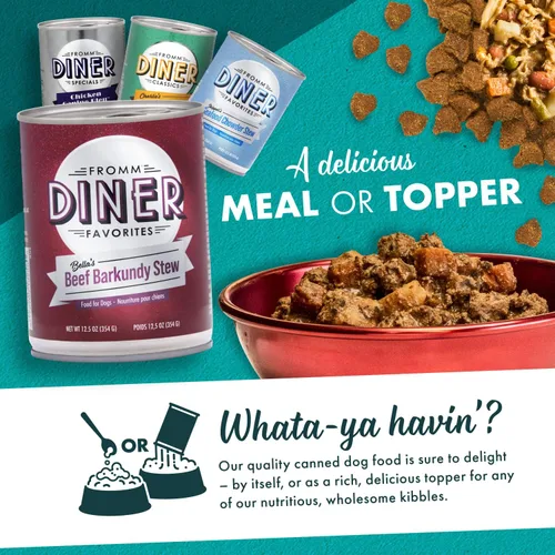 Vista 6 de Fromm Diner Favorites Bella's Beef Barkundy Stew - Comida húmeda prémium para perros, receta de carne de res, caja de 12 latas