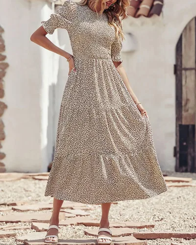 Vista 135 de BTFBM Vestidos para mujer, cuello redondo, casual, de verano, con volantes, manga corta, bohemio, con niveles, fruncido, largo, con estampado floral