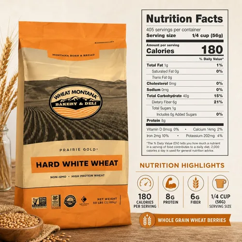 Vista 2 de Wheat Montana: Prairie Gold: bayas de trigo - Bolsa a granel de 50 libras - 100% trigo de primavera blanco duro entero, sin OMG, sin glifosato