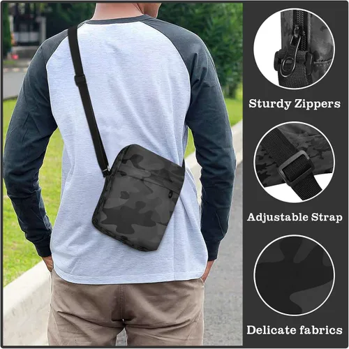 Vista 6 de Bolso tipo mensajero de camuflaje negro y gris para mujeres y hombres, bolso cruzado para el hombro, cartera para teléfono celular, bolso lateral