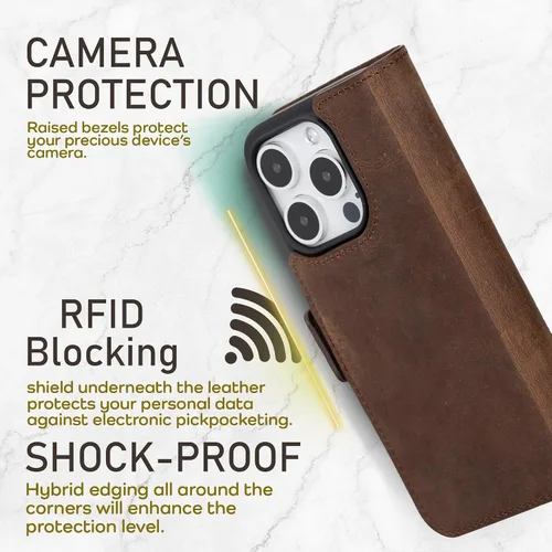 Vista 5 de Bayelon Cartera de cuero Cas para iPhone 15 Pro - Funda con tapa abatible, funda tipo cartera para iPhone 15 Pro, funda tipo cartera, función atril