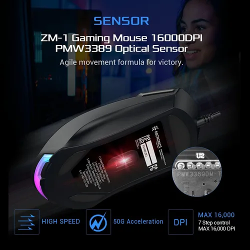 Vista 5 de Mecha ZM-1 - Ratón de computadora con cable RGB control DPI ajustable hasta 16 K sensor óptico PMW 3389 6 botones de programa interruptor Huano 7