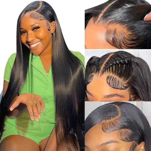 Vista 23 de Mengkai Pelucas de 28 pulgadas de encaje frontal liso de cabello humano, sin pegamento, prearrancadas con cabello de bebé, 13x4 de oreja a oreja