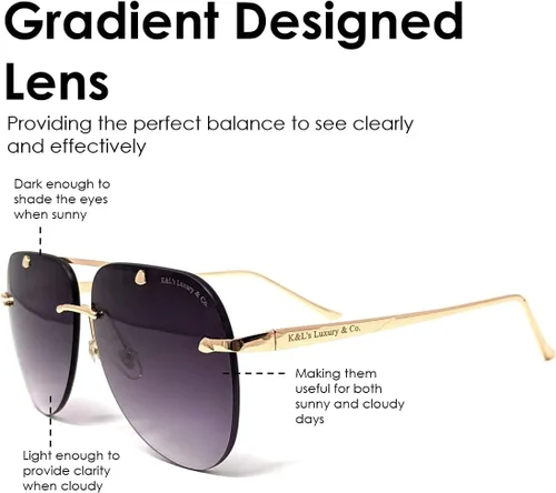 Vista 5 de K&L's Luxury & Co. Gafas de sol de aviador de aleación de metal dorado K02122021 con lente sin montura degradado para hombres y mujeres