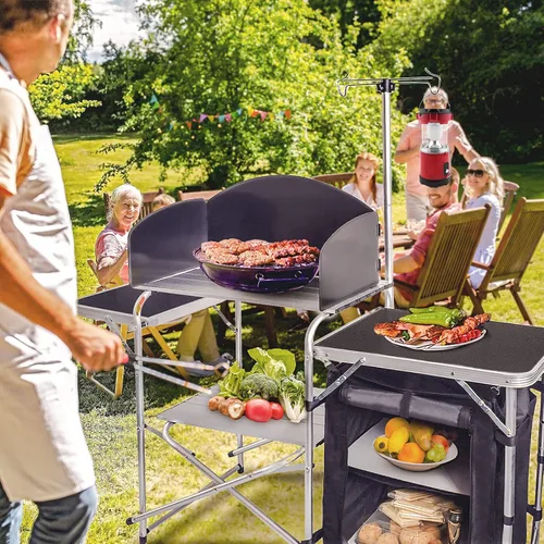 Vista 2 de CampLand Mesa de cocina plegable para acampar con parabrisas, estación de cocina portátil al aire libre con armario de almacenamiento y mesas Negro