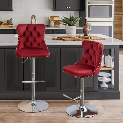 Vista 67 de SoarFlash Juego de 2 taburetes de bar tapizados de terciopelo moderno con patas de madera, botones acolchados, cabeza de clavo cromada, asiento