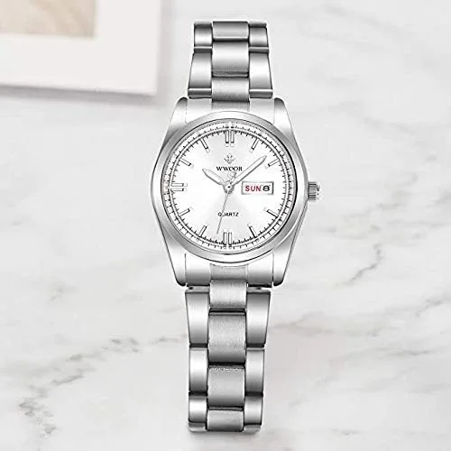 Vista 7 de MASTOP Reloj clásico de moda para mujer, resistente al agua, acero inoxidable, redondo, fecha, analógico, cuarzo, vestido, Blanco, Movimiento