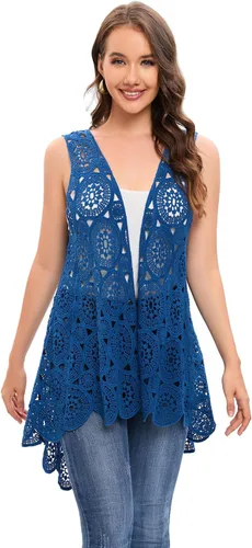 Vista 3 de Chaleco de encaje de ganchillo para mujer, estilo bohemio, sin mangas, kimono con dobladillo irregular