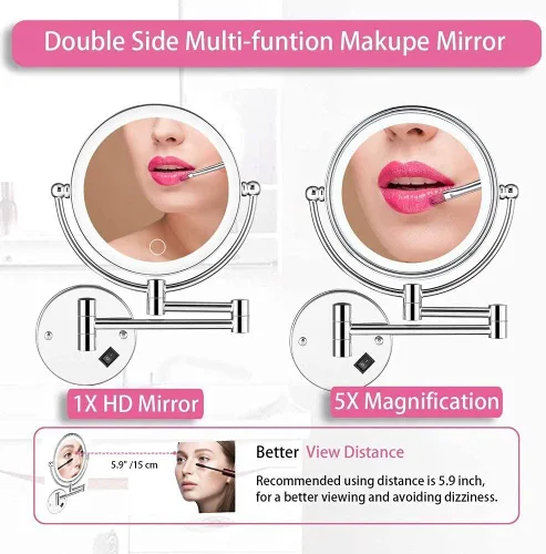 Vista 3 de Wall Mounted Makeup Mirror LED Touch Button Stepless Adjustable Light Double Sided 1X/5x Magnifying Vanity Mirror 360° Swivel Extendable for