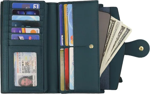 Vista 2 de Travelambo Cartera de mano de cuero genuino encerado de gran capacidad para mujer con bloqueo RFID