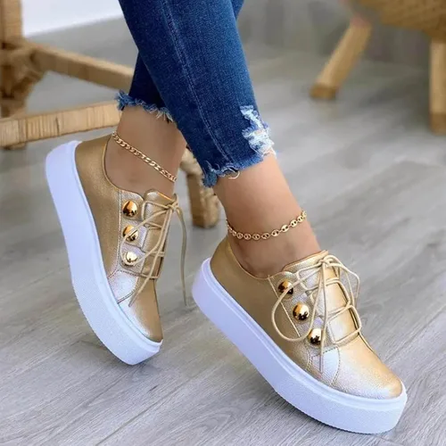 Vista 2 de Hbeylia Tenis de plataforma de moda para mujer, zapatos casuales de cuero con cordones y parte inferior gruesa, zapatos planos para caminar, zapatos