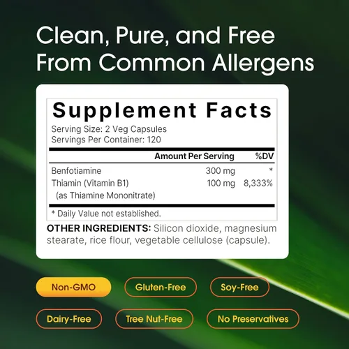 Vista 3 de NatureBell Benfotiamina con tiamina - 240 cápsulas vegetarianas - 300 mg de benfotiamina y 100 mg de tiamina - para la salud del corazón, producción