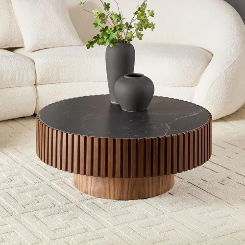 Vista 12 de Mesa de centro redonda de madera de Burl de 31.49 pulgadas, moderna mesa de centro circular circular baja contemporánea para sala de estar, espacio