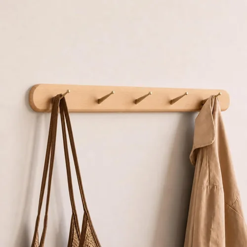 Vista 9 de Ganchos de pared de madera maciza con estante, perchero de pared, estante colgante de entrada con 6 ganchos de latón para sombreros, ropa, toallas