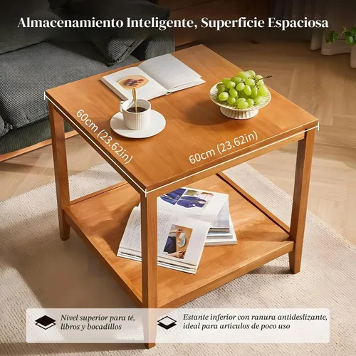 Vista 4 de Mesa auxiliar, mesa auxiliar cuadrada de madera maciza con estante de almacenamiento, mesa auxiliar de 2 niveles para sala de estar, mesa de sofá