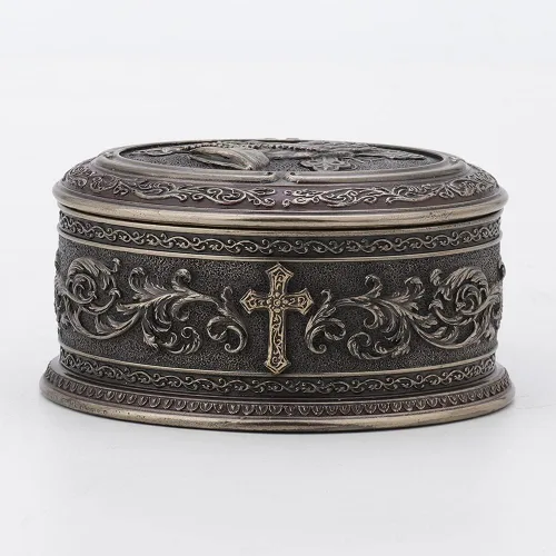 Vista 7 de Veronese Design 2 1/2 pulgadas de alto, mano orante, forma ovalada, caja de baratija, escultura de resina bronceada, escultura religiosa