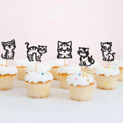 Vista 5 de Ercadio Paquete de 25 adornos para magdalenas de gatos, palillos para tartas de gatos negros, selecciones de cupcakes de animales, decoraciones