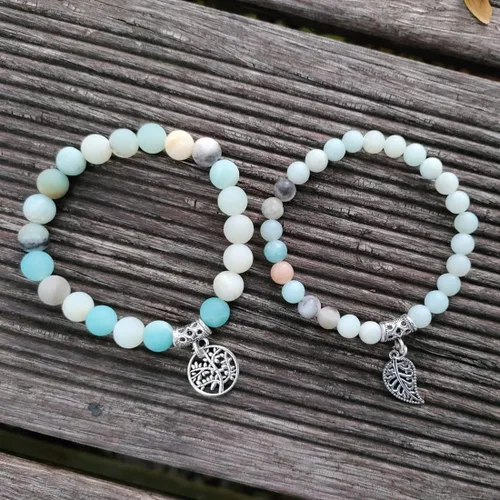 Vista 3 de YGLINE Pulseras de piedra curativa de yoga del árbol de la vida, juego de pulseras de reiki de piedra de chakra de loto multicapa, piedra natural
