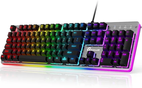 Vista 7 de Teclado para juegos con cable retroiluminado RGB, 104 teclas, iluminación RGB de 8 zonas, cubierta superior de metal, teclado macro programable