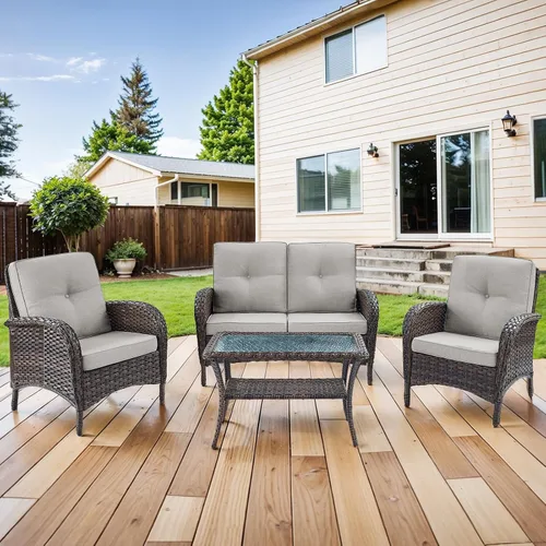 Vista 27 de HUMMUH Juego de 2 sillas de mimbre para exteriores, sillas de comedor con respaldo alto y asiento profundo para jardín, porche, patio trasero