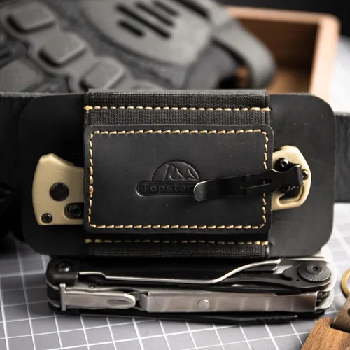 Vista 6 de Topstache Funda de cuero de transporte horizontal para cinturón, cuero natural con banda elástica EDC para cuchillos, organizador de bolsillo