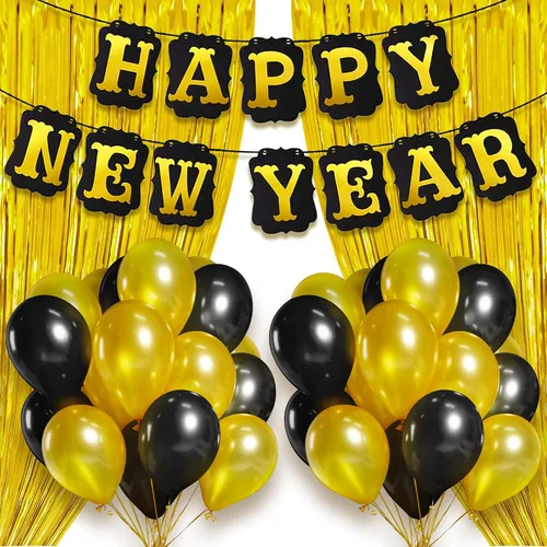 Vista 10 de KatchOn, Suministros para fiestas de Año Nuevo 2026 – Paquete de 34 Cartel de feliz año nuevo de 10 pies con pompones Fondo negro y dorado