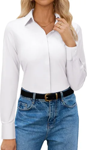 Vista 13 de siliteelon Womens Button Down Shirt Stretch Dress Shirt Collared Long Sleeve Hidden-Button Work Shirt Wrinkle-Free Blouse