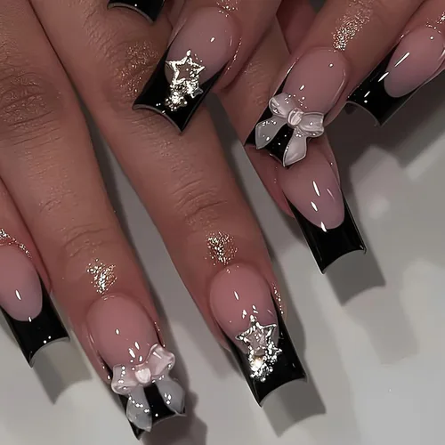 Vista 10 de Lindas uñas a presión de tamaño mediano - Uñas falsas cuadradas con punta francesa, uñas acrílicas rojas de cobertura completa brillantes