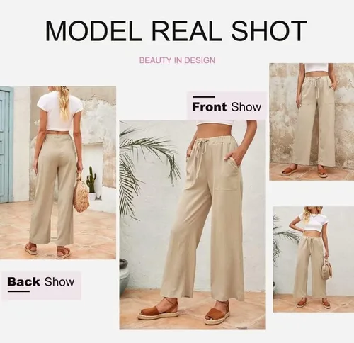 Vista 4 de Dokotoo Pantalones largos de estilo palazzo con bolsillos para mujer, cintura alta, elástica, pierna ancha, holgados, para el trabajo, 2024