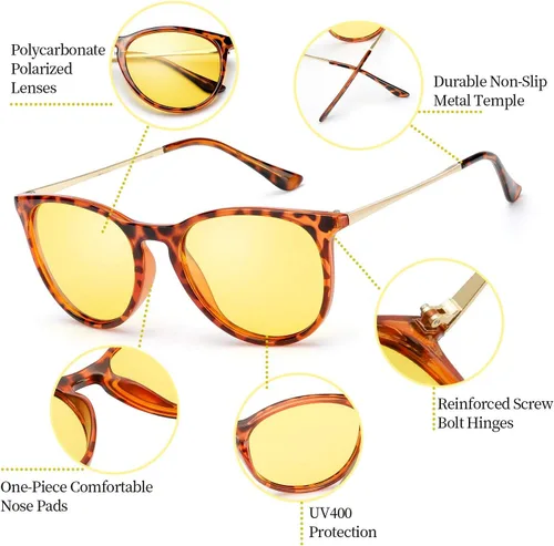 Vista 3 de TJUTR Paquetes de lentes de conducción nocturna para mujer, lentes amarillas polarizadas HD que reducen el deslumbramiento, seguridad nocturna