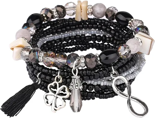 Vista 6 de iYours 6 juegos de pulseras bohemias multicapa con borlas hechas a mano, pulseras envolventes para mujer, Sin gemas.