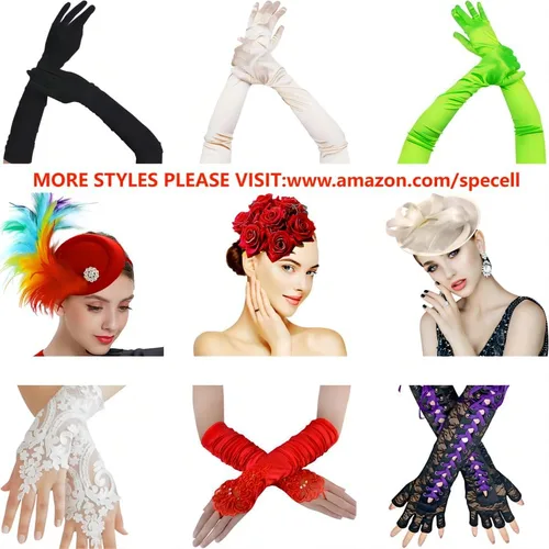 Vista 5 de Specell Guantes de malla con diamantes de imitación para mujer, con brillantina, para ópera, altamente elásticos, longitud de 19 pulgadas
