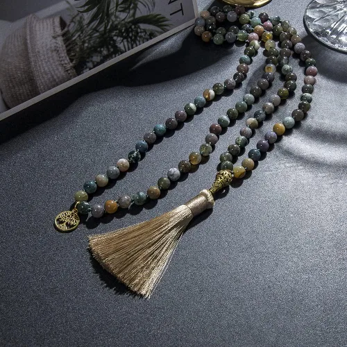 Vista 5 de Hovaete Collar de 108 cuentas de oración de mala, piedras naturales, meditación y yoga, joyería de 108 nudos a mano con cuentas de japa mala, collar
