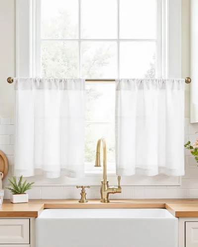 Vista 53 de Jinchan - Cortinas de cocina de lino rústico beige con bolsillo para barra, 26 x 36 pulgadas, 2 paneles