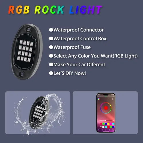 Vista 3 de 4 vainas RGB LED Rock Lights, kit multifunción de neón bajo el brillo del coche luces LED de roca intermitentes modo de música rueda luz debajo