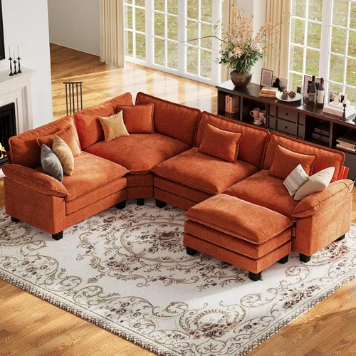 Vista 106 de Sofá modular de gran tamaño de 154 pulgadas, cómodo sofá en forma de U con 3 otomanas móviles, sofá moderno de felpilla de 7 plazas para sala