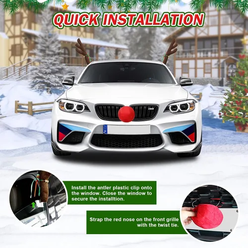 Vista 5 de Cornamenta de Reno de Navidad para Autos - Lindo Kit de Nariz y Cuernos de Rudolph para Auto - Decoraciones de Techos de Navidad para SUV Camioneta