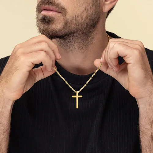 Vista 3 de LUXEJEW Collar de cruz para hombres y niños, cadena de cuerda de acero inoxidable plataoronegro, collar con colgante de cruz, joyería para hombre