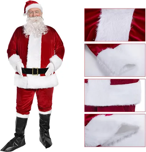 Vista 3 de Trajes de Papá Noel, disfraz clásico de Papá Noel, 9 piezas para hombres adultos, cosplay, vestido de Santa Claus de lujo