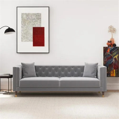 Vista 2 de Sofá de terciopelo gris copetudo, moderno de mediados de siglo, con botones en la parte posterior, sofás de tela para sala de estar, apartamento