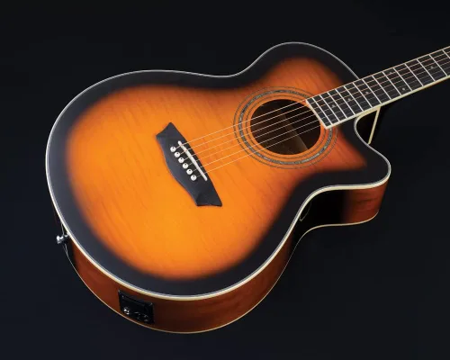 Vista 9 de Washburn Festival EA15 Mini Jumbo Cutaway, guitarra eléctrica acústica, ráfaga de tabaco Parte superior de arce figurada; Mini corte gigante