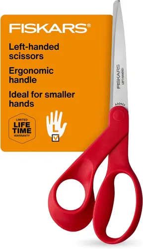Vista 8 de Fiskars Tijeras originales de acero inoxidable con mango naranja de 8 pulgadas, ergonómicas y mantienen el material plano, tijeras afiladas
