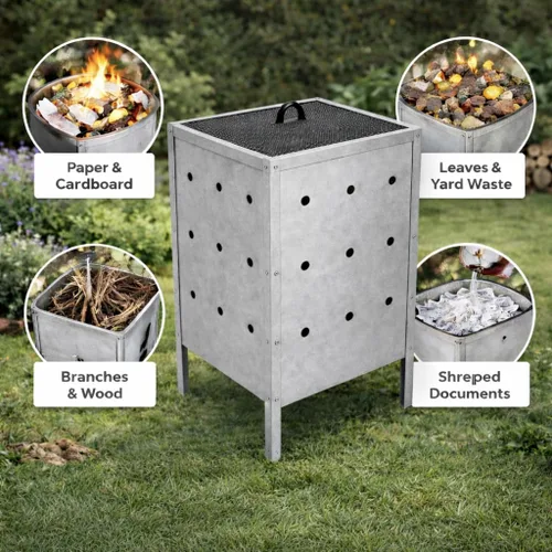 Vista 3 de Bote de basura con barril de combustión, hoguera de metal galvanizado resistente para uso en casa y jardín, ideal para papel, basura, desechos al