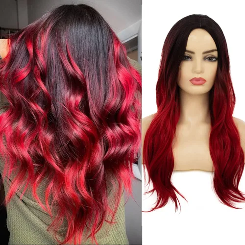 Vista 7 de Baruisi Long Curly Wavy Ombre Black Green Wig Synthetic Natural Middle Part Cosplay Costume Hair Wigs for Women